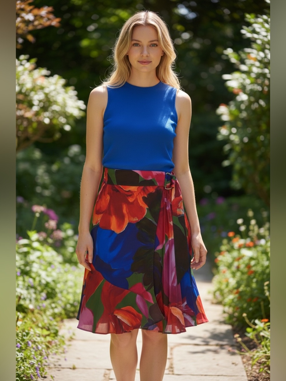 Ted Baker London Royal Blue Sleeveless Dress with Multicolor Floral Skirt